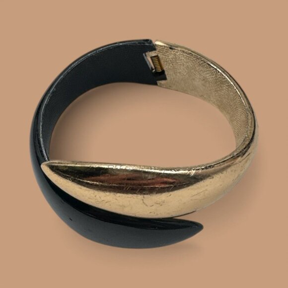 Gold & Black Hinged Metal Cuff Bracelet + Silver Rhinestone Chevron Open Cuff Br - Picture 4 of 5